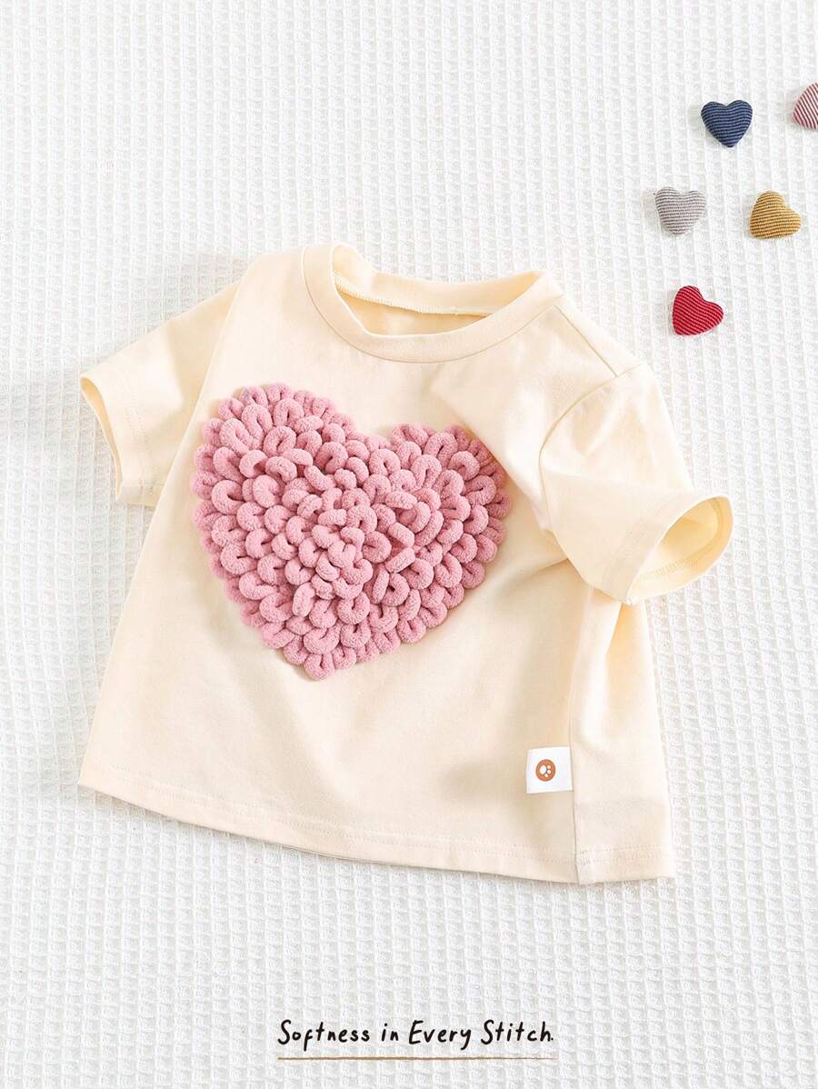 Cozy Pixies 女婴可爱心形泡泡针柔软针织圆领短袖套头衫，女孩情人节装扮，情人节礼物，适合休闲、居家、百搭穿着，室内和室外 - 杏色 - 查看 1