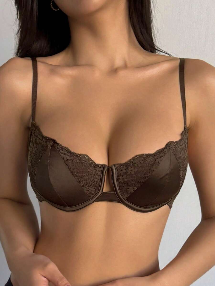 DAZY Lace Semi-Sheer Wireless Unpadded Bra - Coffee Brown - View 1