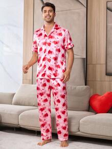 Men's Heart Print Pajama Set, Boyfriend Gift - Pink - View 7