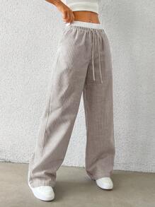 SHEIN PETITE CURVE Pantalones informales tejidos a rayas en marrón para mujer de tallas grandes, para primavera/verano