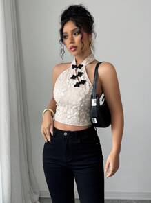 Elenzga Women's Floral Jacquard Button-Down Sleeveless Tank Top - Khaki - View 3