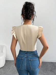 Elenzga 中国新年风格青蛙纽扣开合宽松休闲圆领盖袖短衬衫，浅米色 - 杏色 - 查看 2