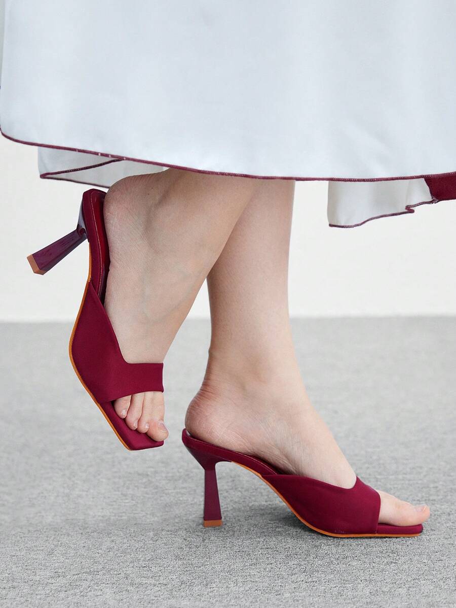 CUCCOO BIZCHIC Square Toe Stiletto High Heel Women's Summer Rhinestone Breathable Sandals Spring Shoes Spring Break Easter - Burgundy - View 1