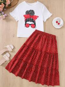 SHEIN Bộ 2 món áo thun dệt kim dễ thương thanh lịch cổ điển cho bé gái và váy dài in hoa, thích hợp cho kỳ nghỉ, thường ngày, lễ hội, ăn trưa, lễ hội âm nhạc, áo thun chấm bi và nơ có viền xếp nếp - Đỏ và trắng - Xem 6