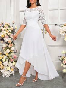 SHEIN Lady Vestido Branco de Renda com Recorte de Renda, Vestido Elegante para Festa de Casamento para Mulheres - Branco - Visão 4