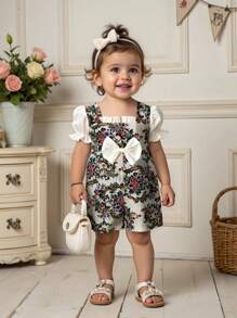 Infant & Baby Girl Ruffle Collar Floral Print Bowknot Romper With Ruffled Short Sleeve, Comfortable & Sweet, Suitable For Home & Outdoor, Spring/Summer/Autumn