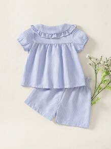 SHEIN 女宝宝荷叶边领条纹短袖上衣和短裤 2 件套 - 藍色 - 查看 3