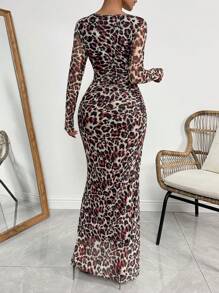 SHEIN ChicEase Đầm dài tay lưới bó họa tiết da báo thanh lịch dành cho nữ, phù hợp cho trang phục Maxi mùa xuân và mùa thu - Đỏ và trắng - Xem 2