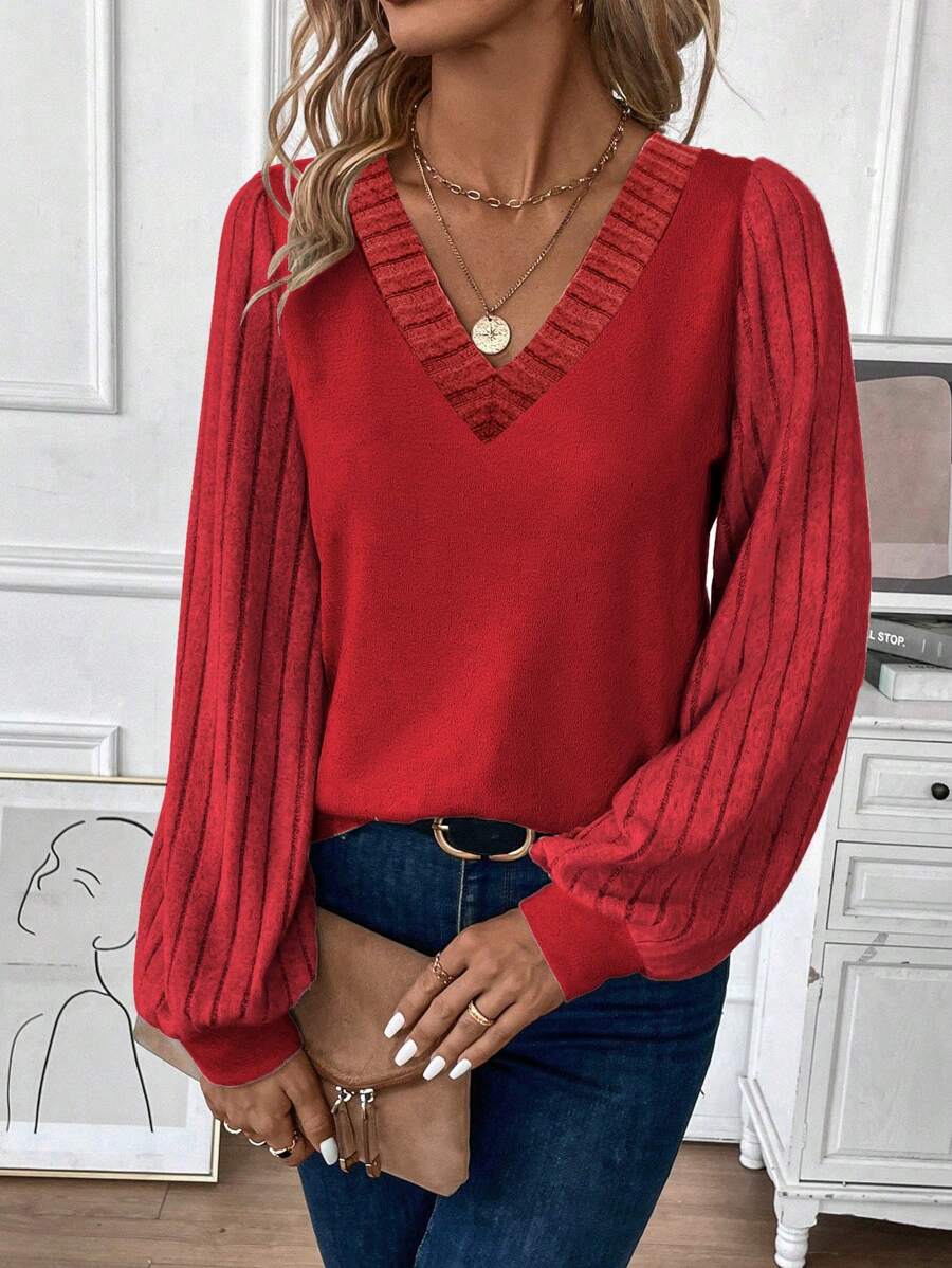 SHEIN LUNE 女式纯色V领罗纹长袖休闲宽松T恤，秋季春季 - 紅色 - 查看 1