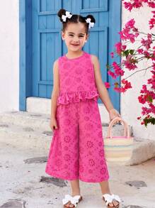 SHEIN Leap Crew 2pcs Young Girl Woven Solid Crew Neck Fitted Camisole And Loose Woven Long Pants Set - Hot Pink - View 6