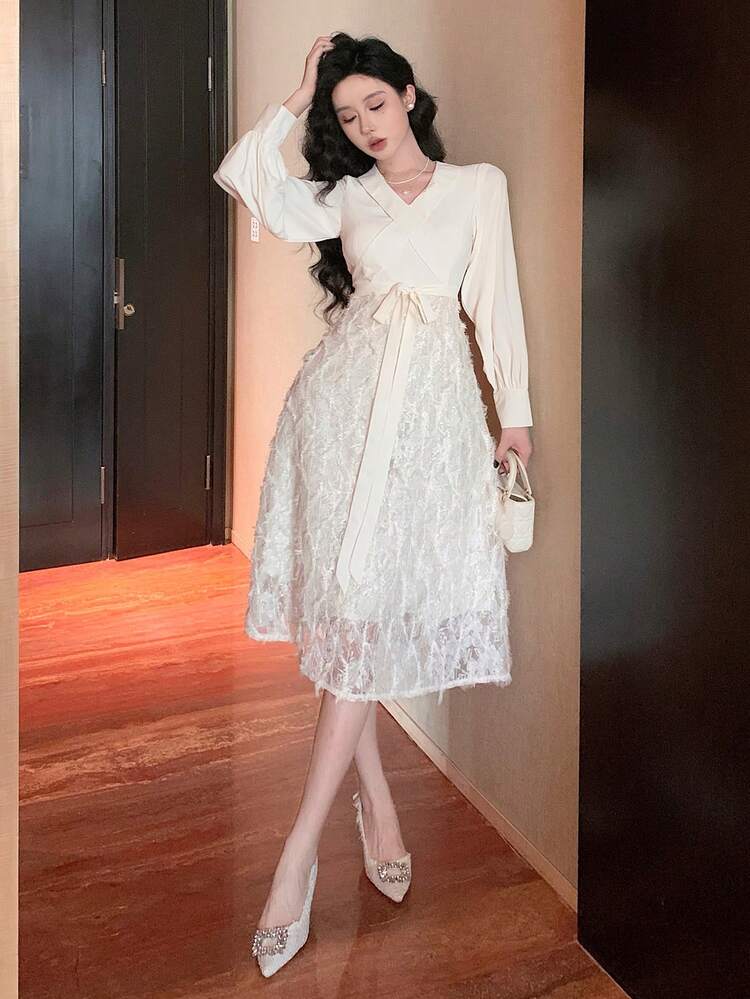 V-Neck Lace Patchwork Lantern Sleeve Belted Mid-Length Dress For Women Prom Dress,Fall Dress Long Sleeve Dress Elegant Women Dresses