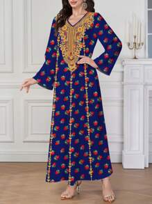 Al Najma 女士斋月印花 V 领长裙，端庄的卡夫坦 - 藍色 - 查看 6