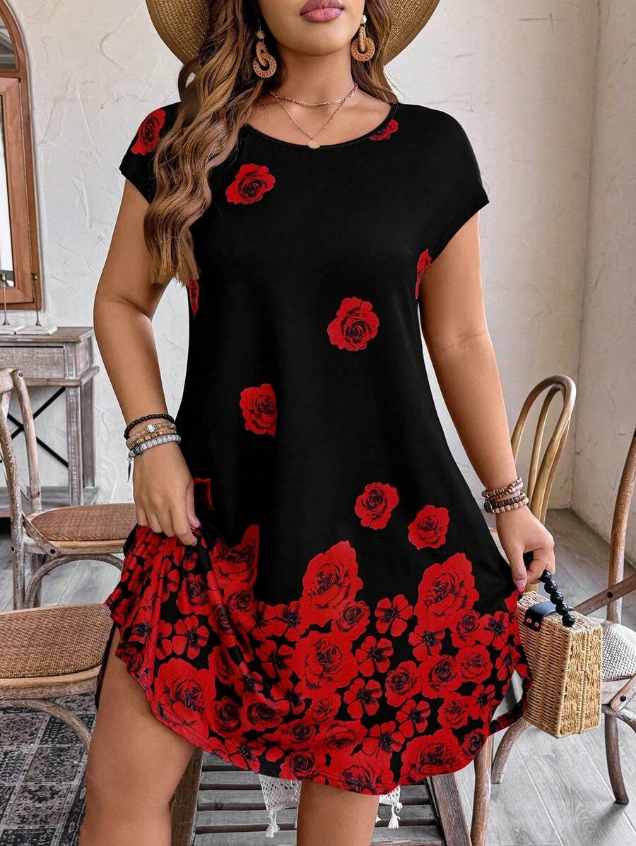 SHEIN LUNE Plus Size Women's Rose Floral Print Knit Round Neck Short Sleeve Loose Casual Fashion Mini Dress - Black - View 1
