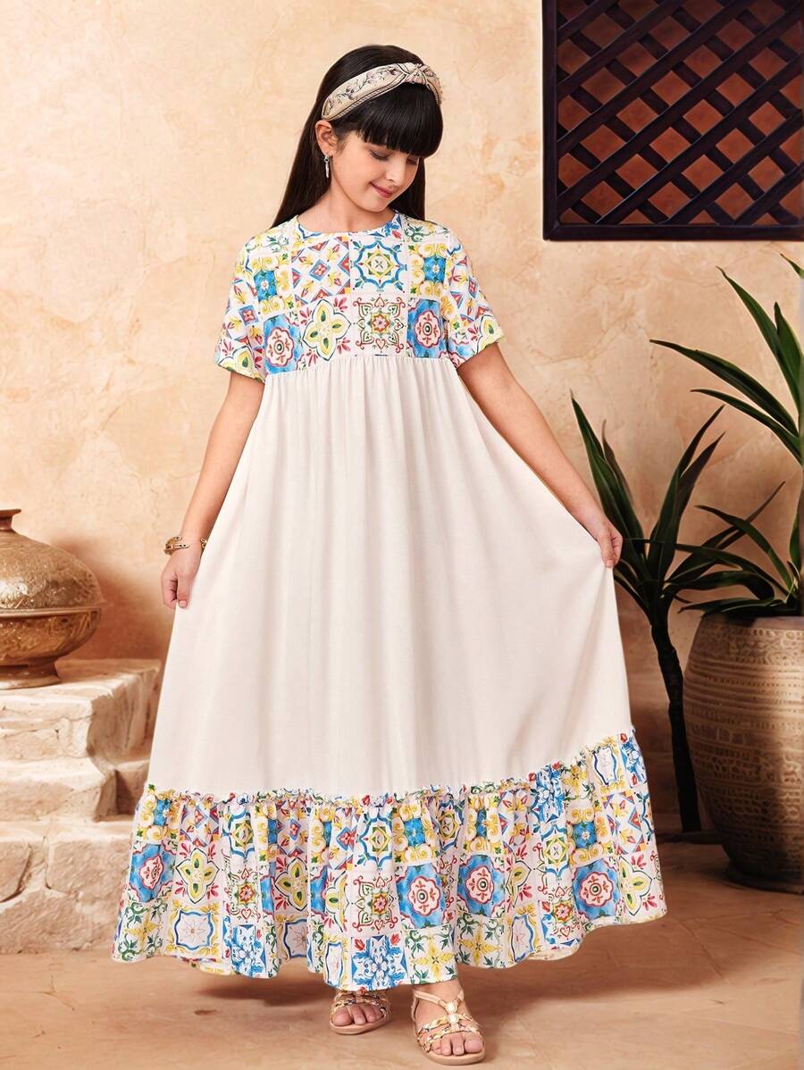 SHEIN Tween Girl 斋月宽松拼色圆领连衣裙 - 米色 - 查看 1