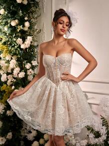 SHEIN Belle 优雅浪漫白色蕾丝筒鱼骨V字腰泡泡袖连衣裙适合晚宴单身派对约会度假返校季毕业季婚礼活动生日派对新娘送礼会礼服，小白裙 - 白色 - 查看 5