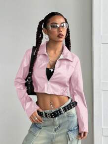 StreetHx Cropped Burgundy Faux Leather Zipper Jacket - Baby Pink - View 3