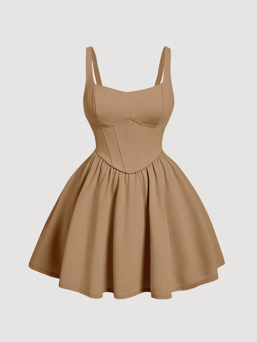 SHEIN MOD Đầm hai dây họa tiết caro liền thân Plus Camel - Lạc đà - Xem 1