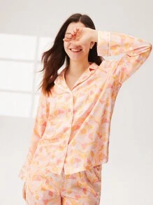 LUVLETTE Conjunto de pijama de satén sedoso con estampado floral, blusa con botones y pantalones con bolsillos, conjunto de lencería para mujer