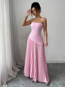 Elenzga Đầm suông không tay xếp ly eo màu trơn thanh lịch cho nữ đi nghỉ và đi làm - Hồng - Xem 3