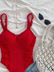 Mono casual vintage con textura de punto, con adorno de encaje romántico para mujeres, ropa de verano rosa - Rojo - Ver 3