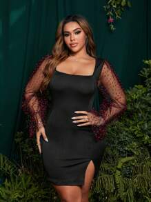 SHEIN Belle Plus Size Valentine's Day Heart Sexy Slit Backside Bodycon Mini Dress - Black - View 4