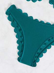 Summer Elegant Minimalist Solid Color Halter Floral Trim Top With Metal Decor & Floral Triangle Bottoms Set - Green - View 5