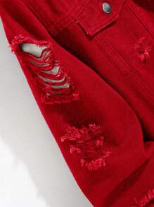 Manfinity Roughcore Men's Casual Long Sleeve Distressed Single Breasted Denim Jacket - Red - View 4