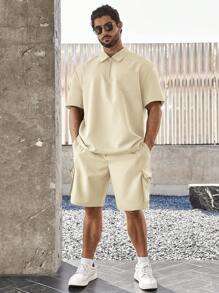 Manfinity Homme Plus Size Men Casual Solid Color Short Sleeve Shirt And Shorts Set - Beige - View 3