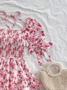 Soleia 花卉印花泡泡袖方领女式休闲度假连衣裙，适合春季