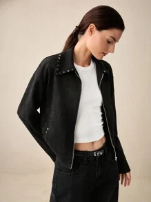 BizChic Women's Elegant Turndown Collar Rivet Decorated Commuter Jacket, Suitable For New Year Party, Spring/Summer - Black - View 6