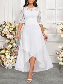 SHEIN Lady Vestido Branco de Renda com Recorte de Renda, Vestido Elegante para Festa de Casamento para Mulheres - Branco - Visão 1