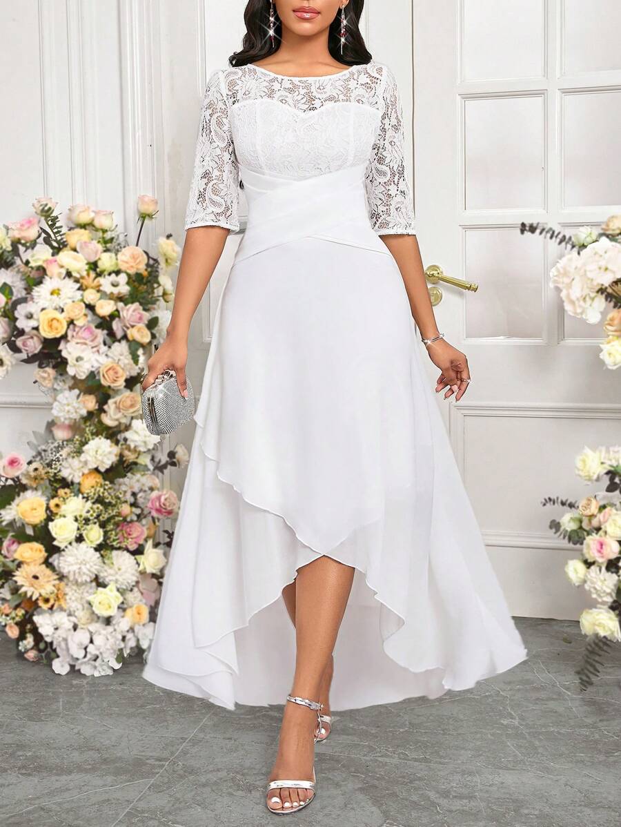 SHEIN Lady Vestido Branco de Renda com Recorte de Renda, Vestido Elegante para Festa de Casamento para Mulheres - Branco - Visão 1