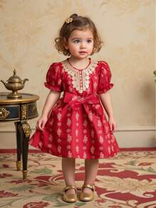 Îmbrăcăminte pentru fetițe Rochie elegantă de vară cu mâneci scurte cu guler brodat cu imprimeu auriu, potrivită pentru petreceri, festivaluri și activități în aer liber - roșu - Vizualizare 1