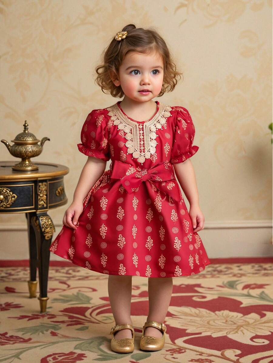 Îmbrăcăminte pentru fetițe Rochie elegantă de vară cu mâneci scurte cu guler brodat cu imprimeu auriu, potrivită pentru petreceri, festivaluri și activități în aer liber - roșu - Vizualizare 1