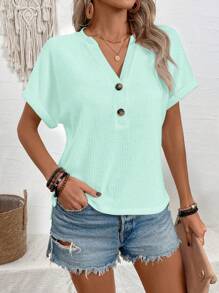 SHEIN LUNE Vacation Casual Solid Color Textured Keyhole Neckline Batwing Sleeve T-Shirt - Green - View 3