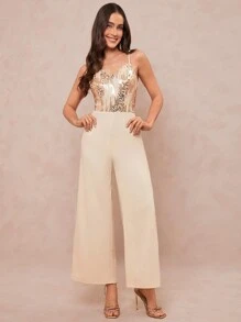 Amorya 女士亮片拼接阔腿优雅连体裤 - 香檳色 - 查看 1