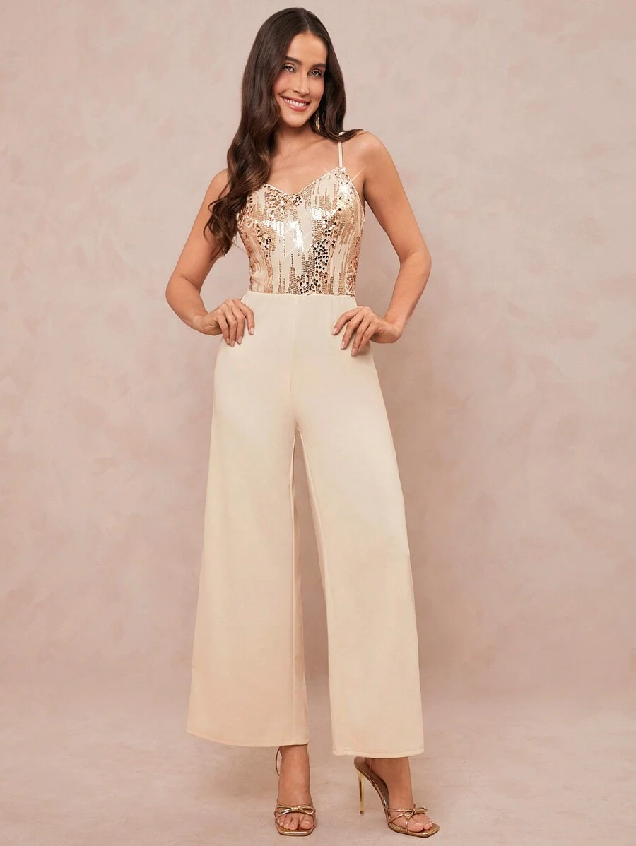 Amorya 女士亮片拼接阔腿优雅连体裤 - 香檳色 - 查看 1