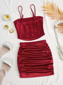 2pcs Set Women's Wine Red Satin Strapless Cropped Top & Ruched Bodycon Skirt - Burgundy - View 2