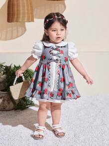 SHEIN Vestito corto da ragazza con colletto alla Peter Pan e maniche corte a fiori, completo estivo di 2 pezzi con cardigan lungo - Grigio - Visualizzare 12