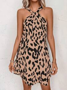 SHEIN VCAY Vestido casual estilo leopardo con cuello de halter, adecuado para el día a día