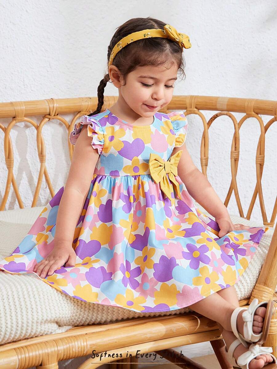 Cozy Pixies Toddler Girls' Colorful Floral & Heart Pattern Decorated Contrast Color Bow Round Neck Cap Sleeve Cute Dress, Suitable For Summer - Multicolor - View 1