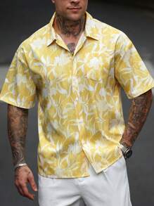 Manfinity RSRT Men's Vacation Casual Style Featuring An INS-Inspired Spring/Summer Impressionist Yellow SunDitsy Floral Bubble-Textured Jacquard Short-Sleeve Loose-Fit Shirt With A Button-Front Closure-Perfect For Music Festivals Men's Casual Jacquard Woven Yellow Shirt, Summer, Yellow For Men, Summer Shirt For Men, Vintage Shirts For Men, Party Shirts For Men
