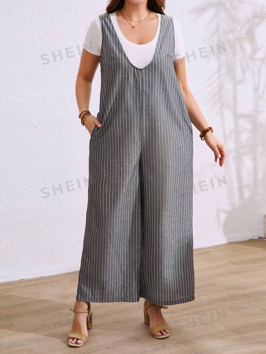 SHEIN LUNE Mono de talla grande para mujer con escote en V, informal, de lino a rayas, sin mangas, con cremallera trasera y bolsillos