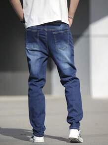 Manfinity Homme Men's Casual Loose Fit Pocket Denim Jeans, For Daily Wear - Dark Wash - View 2