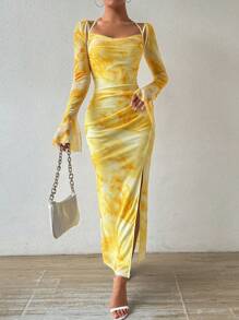 RosyDaze Váy xẻ cao màu buộc dây dành cho nữ, thích hợp cho mùa hè - Màu vàng - Xem 5