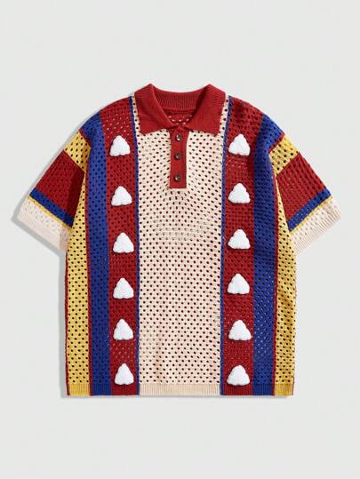 Street Life Men's Color Block Patchwork Decor Perforated Knit Sweater, Vacation