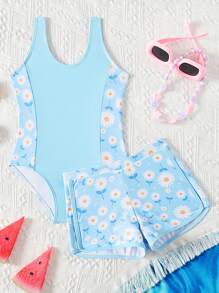 年轻女孩简约纯色拼接连体泳衣