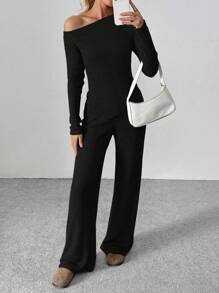 Flirla Tall 2pcs Women Winter Casual Asymmetrical Asymmetric Neck Fuzzy Tee + Wide Leg Lounge Pants Set Fall Cloth For Women - Black - View 3