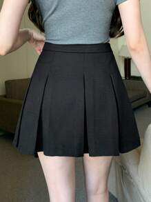 DAZY Women's Casual Solid Color Pleated A-Line Skirt Fall Skirts - Black - View 5