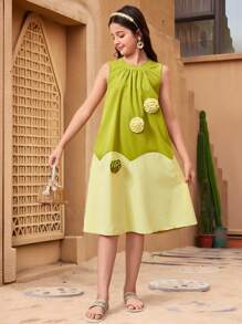 Tween Girl Green & Yellow Patchwork 3D Floral A-Line Dress